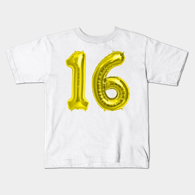 Yellow Gold 16th Birthday Metallic Helium Balloons Numbers Kids T-Shirt by podartist